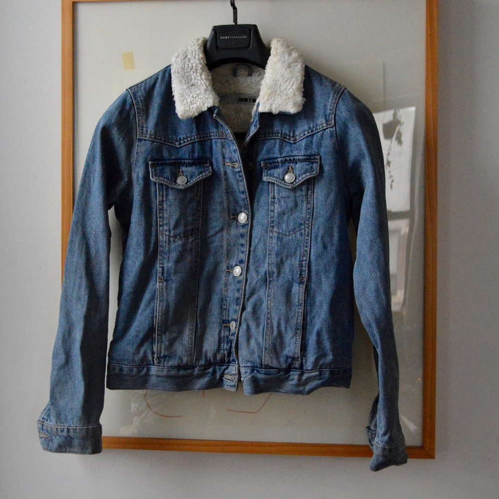Topshop Moto Black Jean Jacket Faux Shearling Black Trim Trucker Size US 4 UK 8
